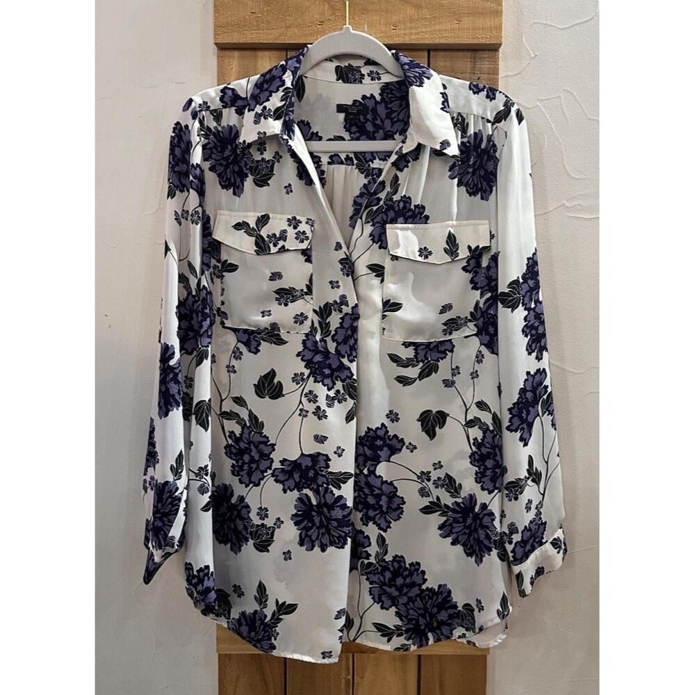 Ann Taylor Floral Blouse Button Down Shirt Long Sleeve Pockets PL Petite Large